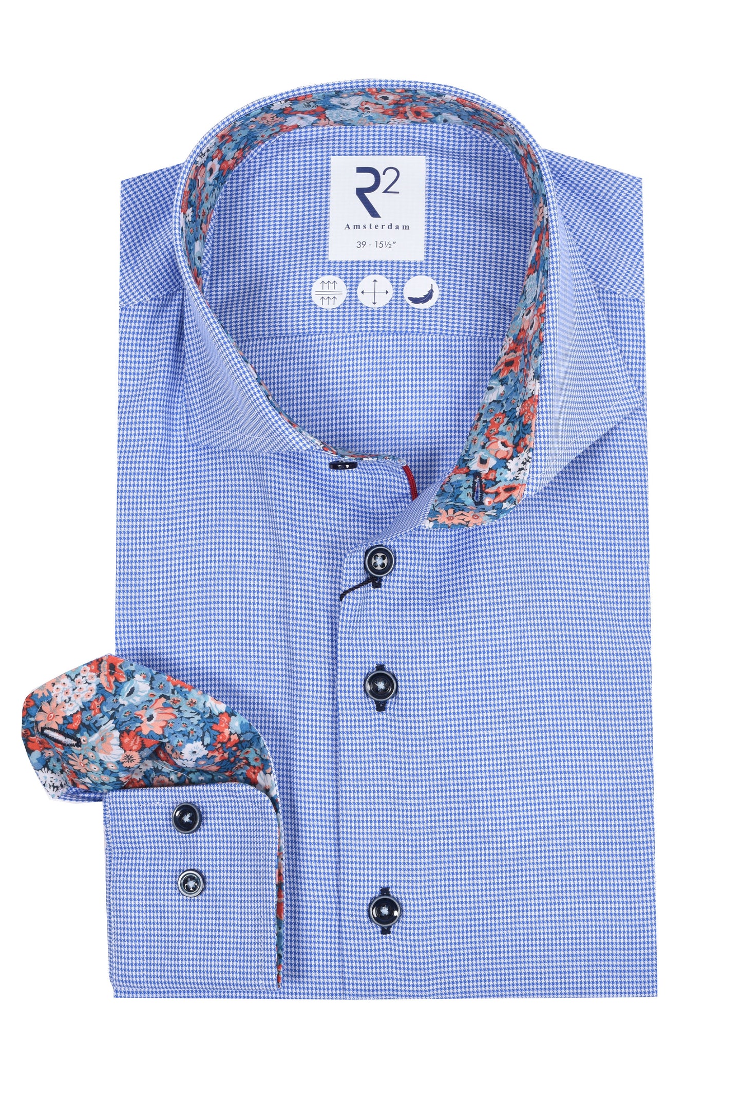 R2 Long Sleeved Cut Away Collar Shirt Blue Check