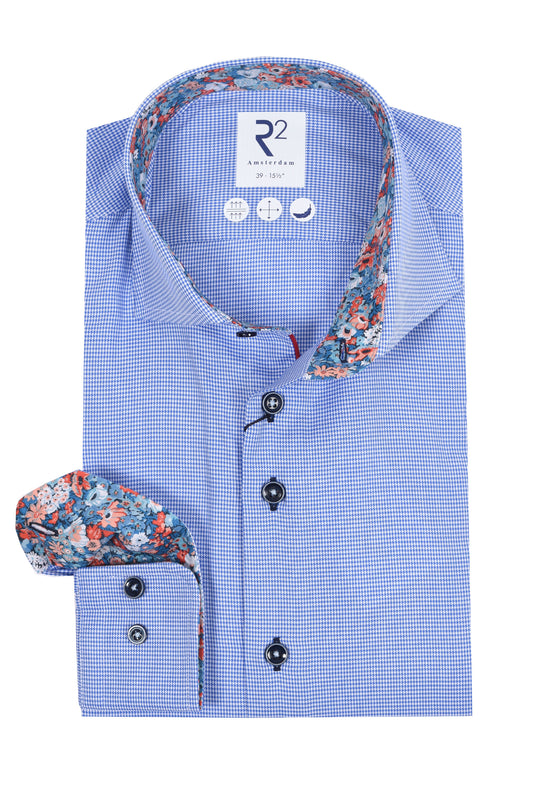 R2 Long Sleeved Cut Away Collar Shirt Blue Check