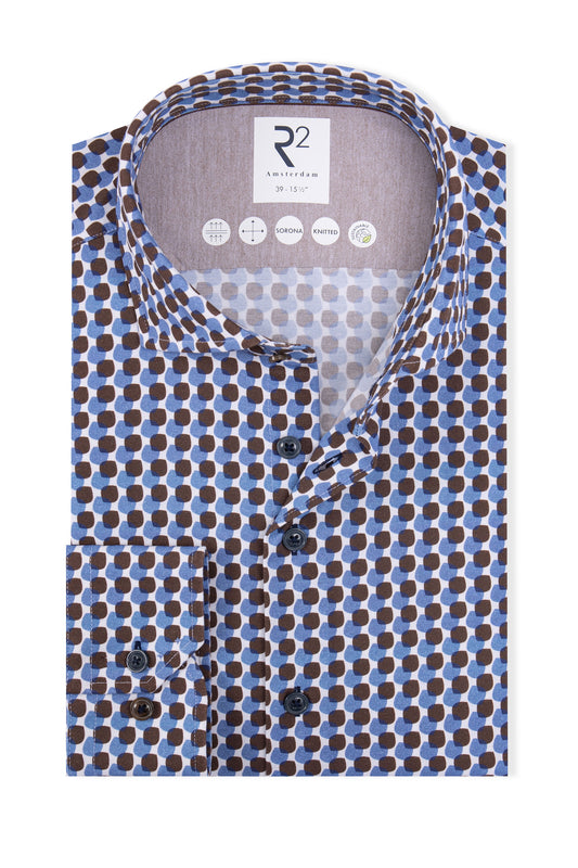 R2 Long Sleeved Cut Away Collar Shirt Brown Patterned