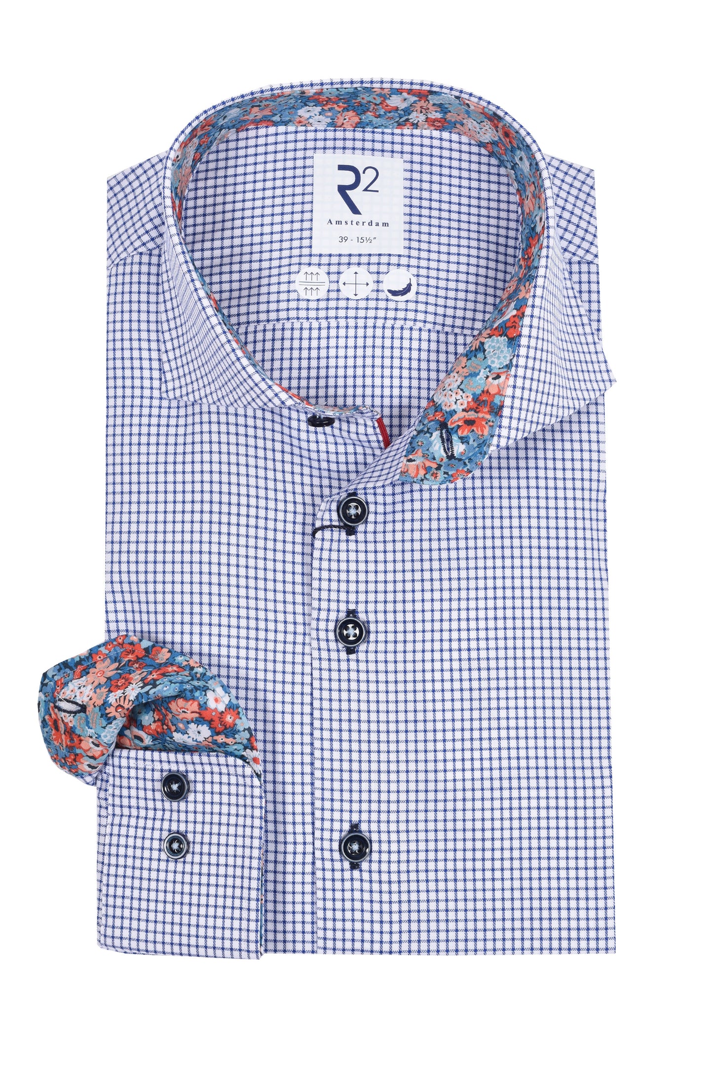 R2 Long Sleeved Cut Away Collar Shirt Navy Check