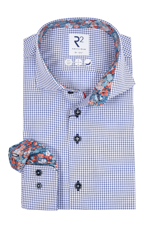 R2 Long Sleeved Cut Away Collar Shirt Navy Check