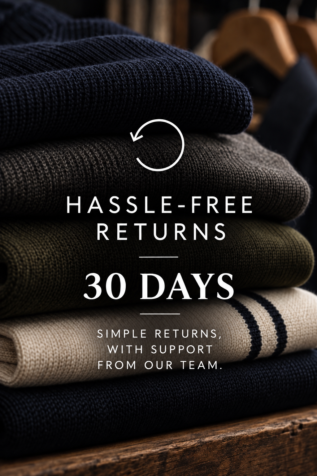 A stack of folded knit sweaters in dark navy, charcoal, olive green, and cream, with overlaid text reading 'HASSLE-FREE RETURNS' and a circular arrow icon on a warm wooden surface.