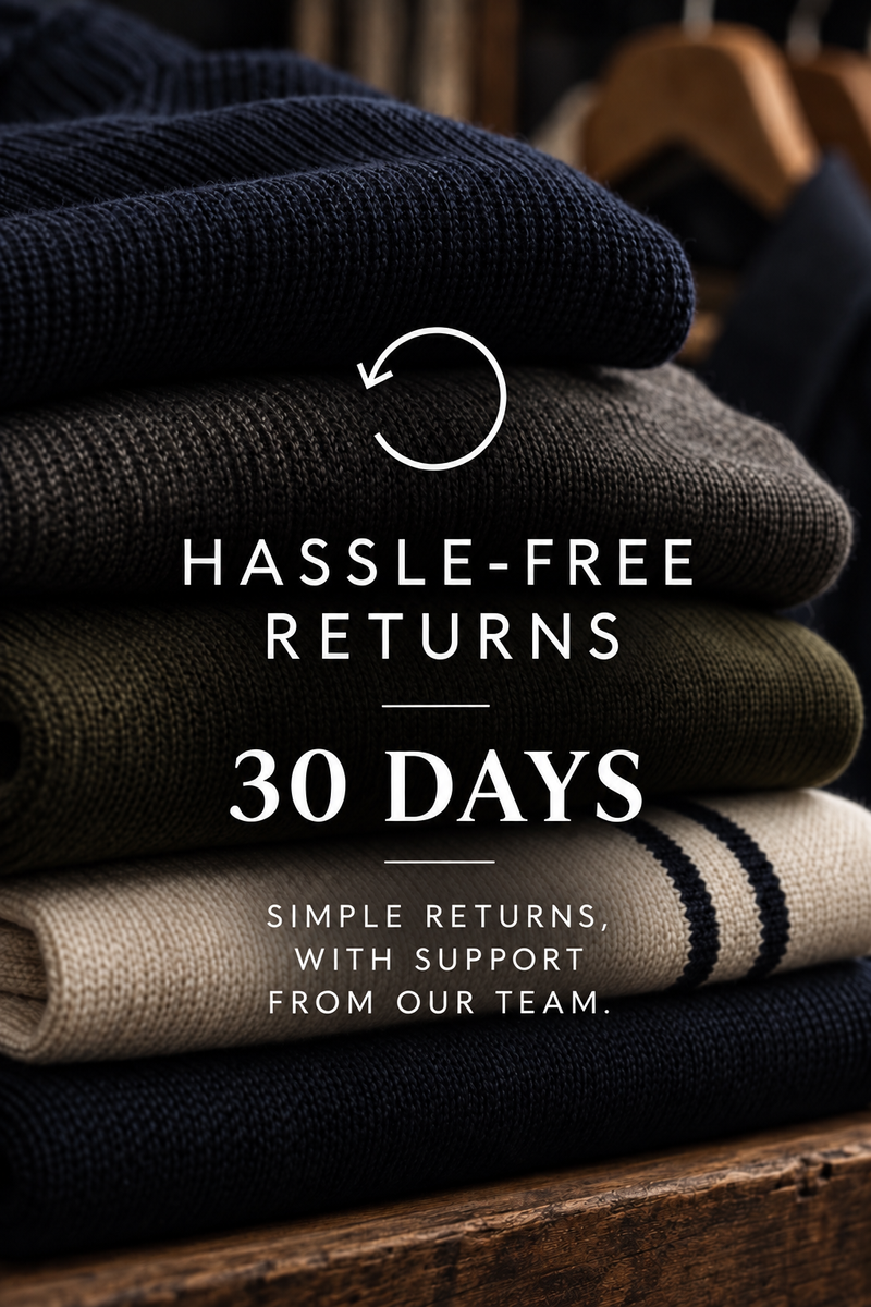 A stack of folded knit sweaters in dark navy, charcoal, olive green, and cream, with overlaid text reading 'HASSLE-FREE RETURNS' and a circular arrow icon on a warm wooden surface.