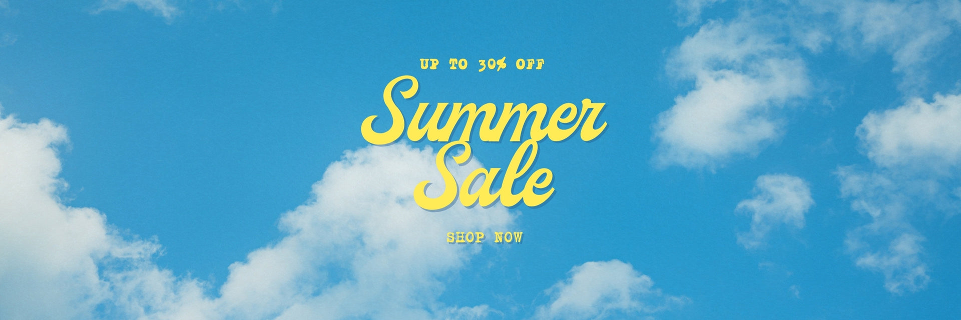 Summer sale advertisement with yellow text on a blue sky background