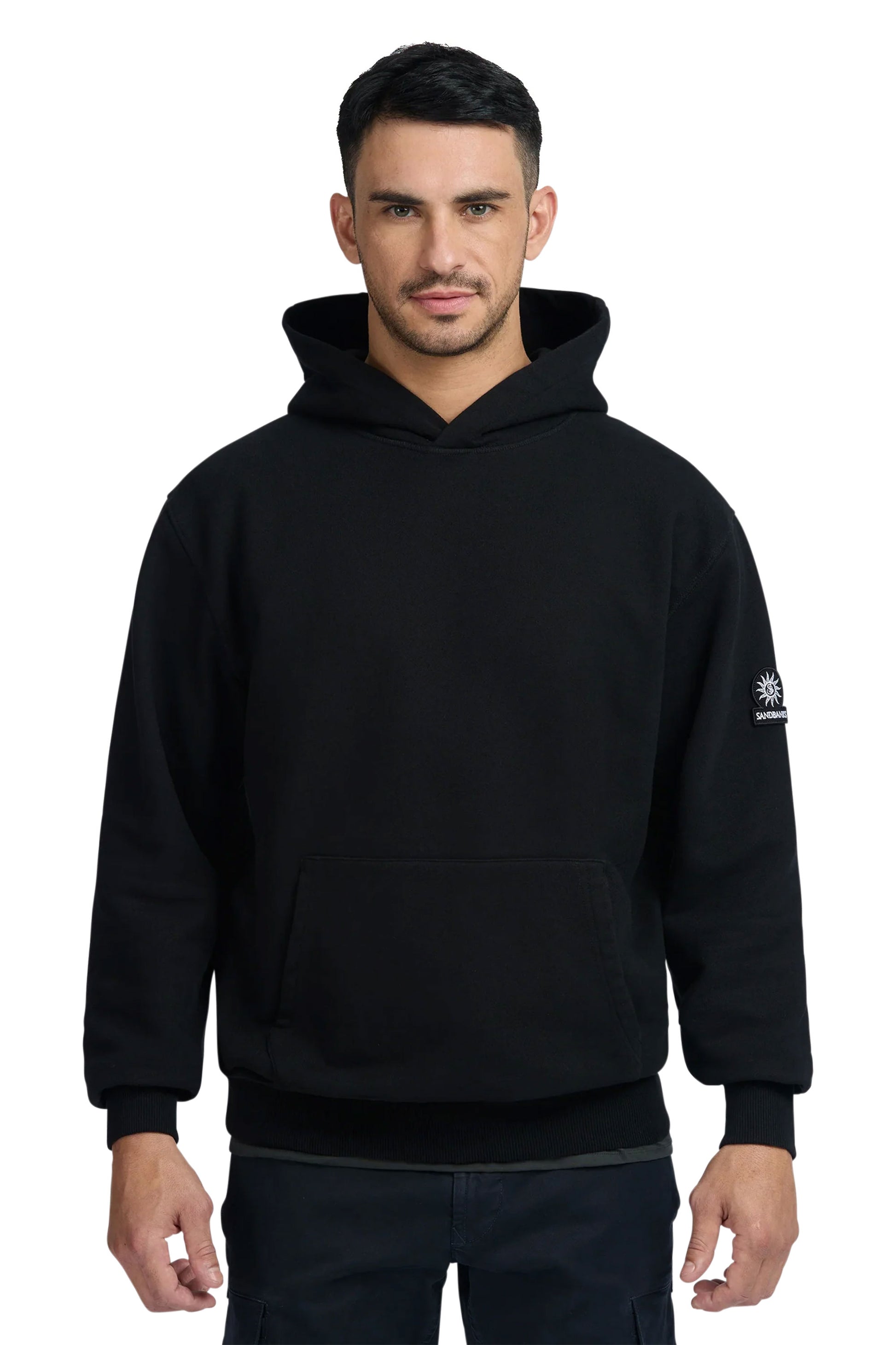 SANDBANKS BADGE LOGO HOODIE BLACK Sandbanks Michael Stewart Menswear  Sweatshirts & Hoodies