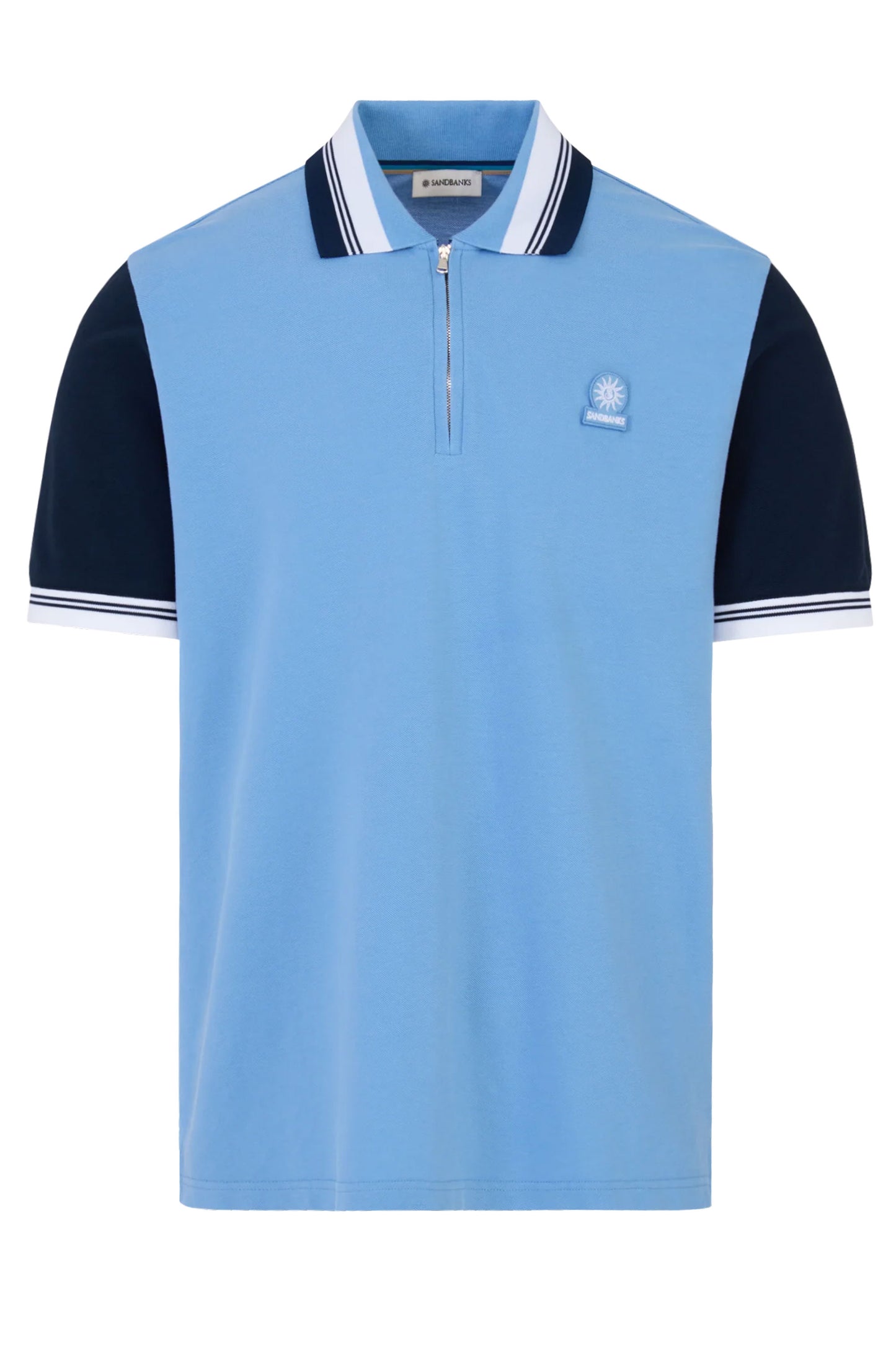 SANDBANKS COLOUR BLOCK ZIP POLO DUSTY BLUE