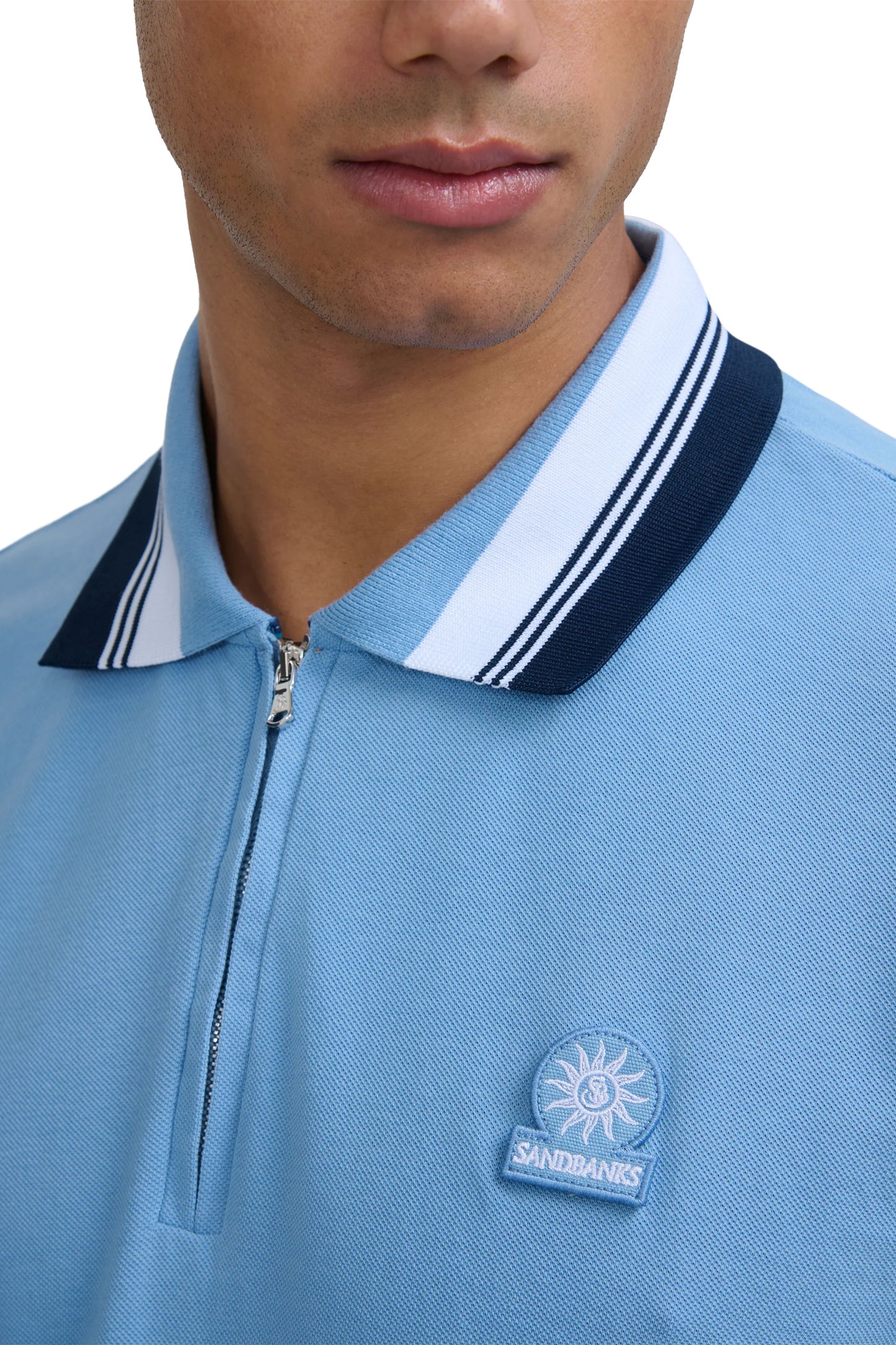 SANDBANKS COLOUR BLOCK ZIP POLO DUSTY BLUE