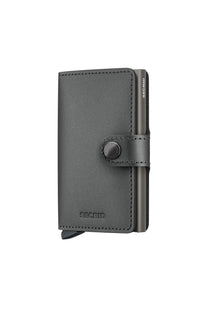 Gray SECRID wallet with a button closure on a white background
