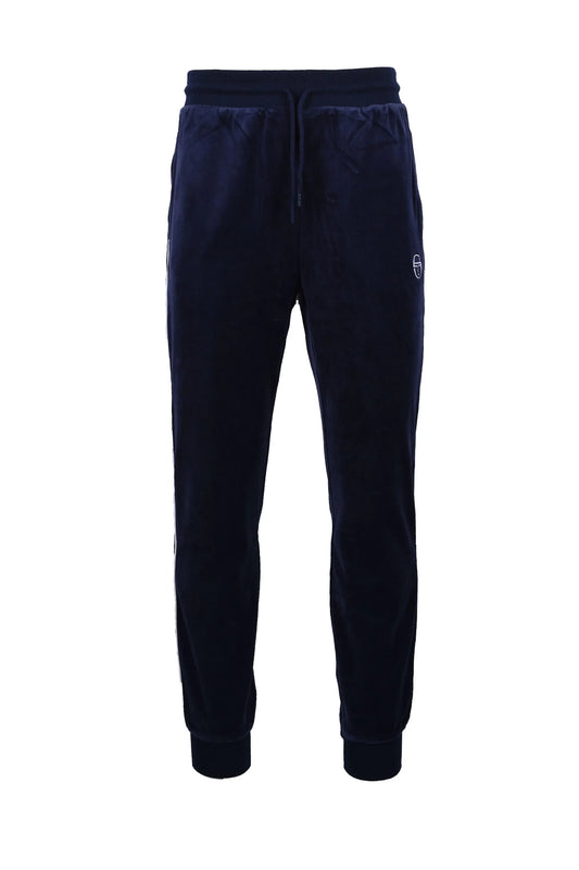 Full length picture of the Sergio Tacchini tasso velour track pants in the colour maritime blue.