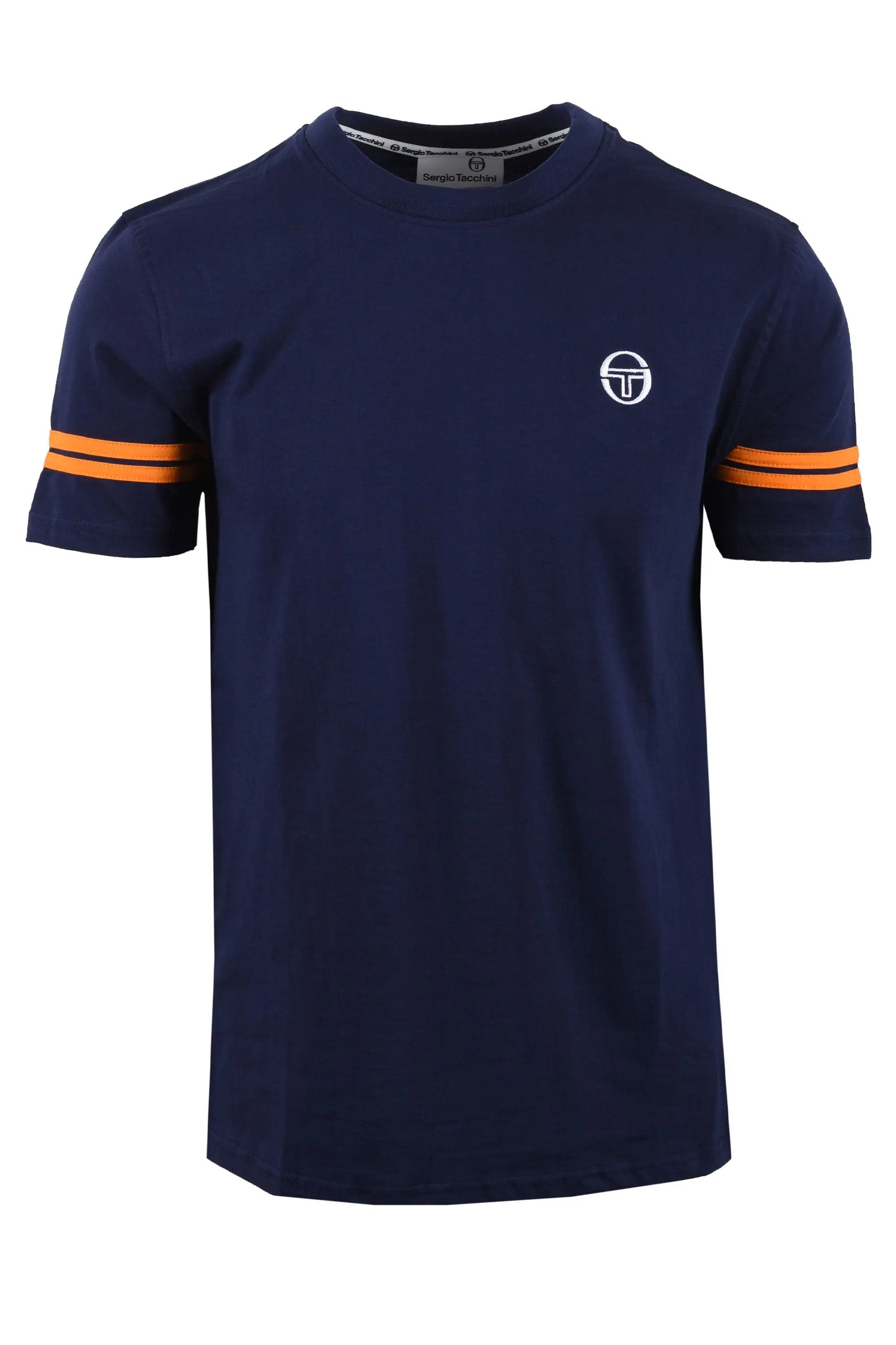 navy sergio tacchini t-shirt with orange stripes on arms against a white background