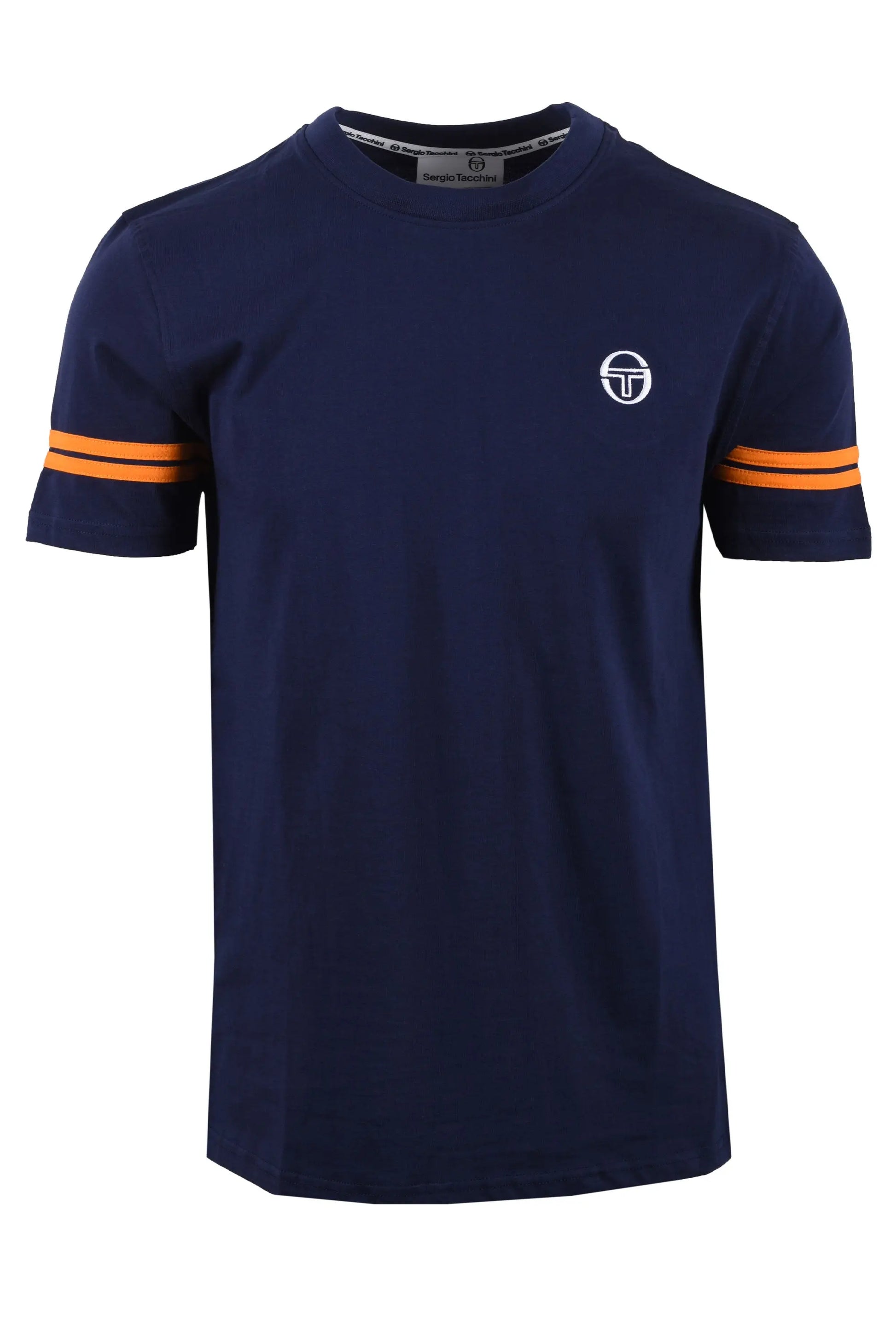 navy sergio tacchini t-shirt with orange stripes on arms against a white background