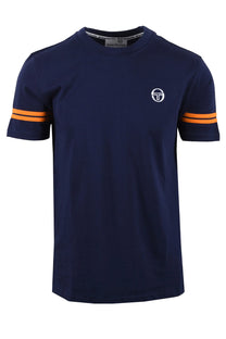 navy sergio tacchini t-shirt with orange stripes on arms against a white background