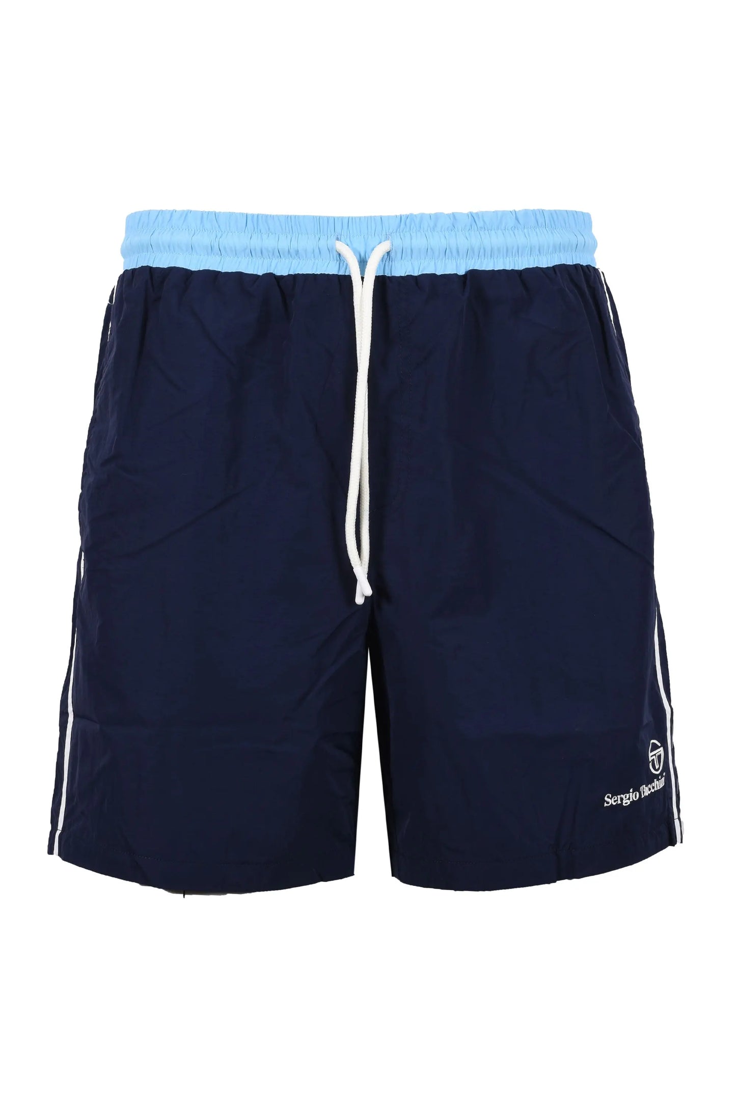 Full picture of some Serio Tacchini shorts in a blue navy colour with a blue contrasting colour drawstring waistband, photographed upon a white background.