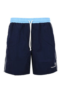Full picture of some Serio Tacchini shorts in a blue navy colour with a blue contrasting colour drawstring waistband, photographed upon a white background.