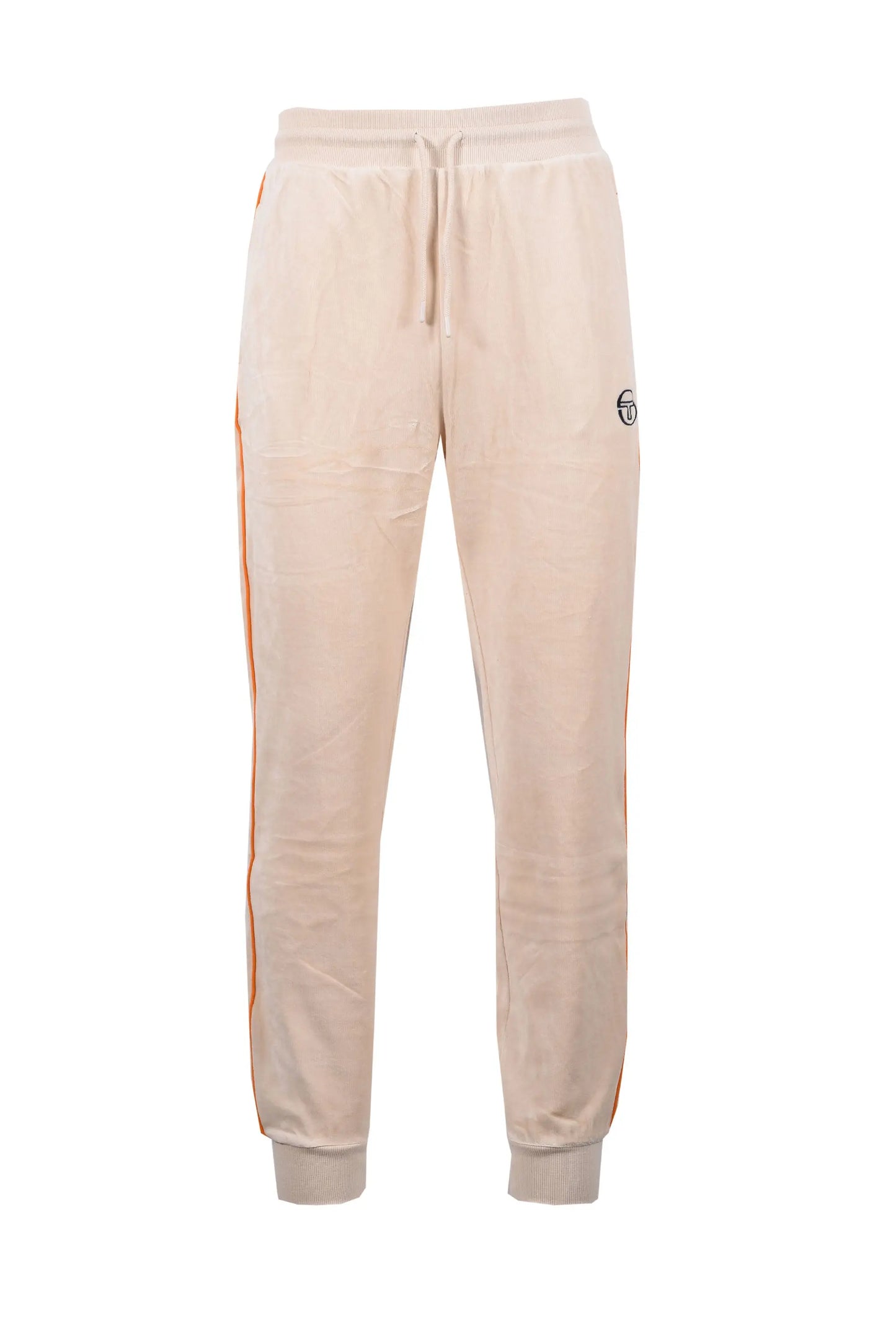 Full length picture of the Sergio Tacchini tack pants in a velour fabric. Salmon pink coloured material with a stricking bright orange piping along the leg.