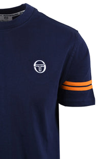 Navy blue sergio tacchini t-shirt with orange stripes on sleeves and a logo on chest against a white background