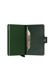Green SECRID wallet with a card holder on display against a white background