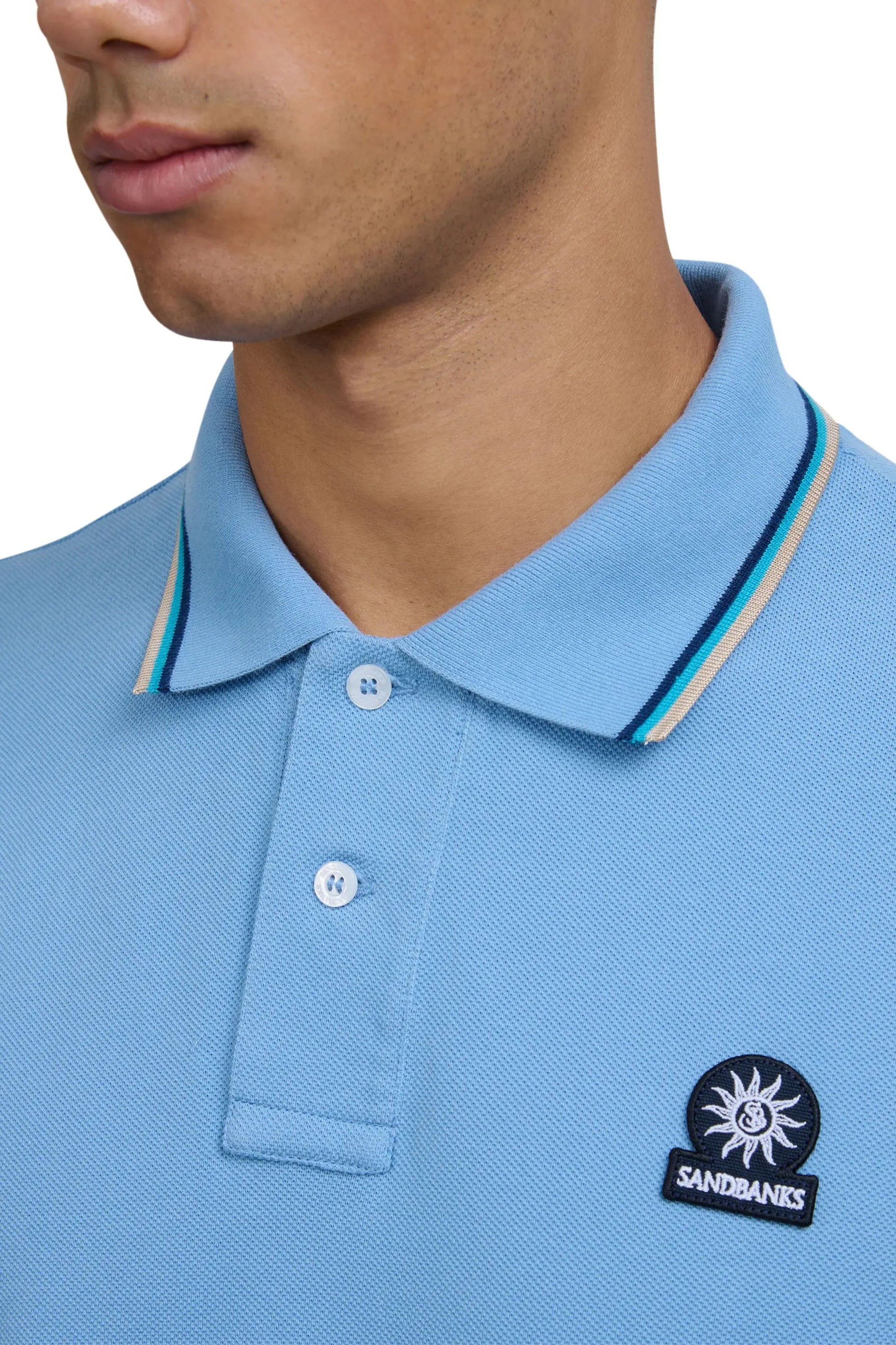 SANDBANKS BADGE LOGO TIPPED SLEEVE POLO SHIRT DUSTY BLUE Sandbanks