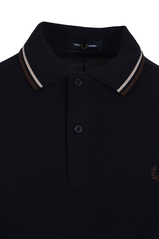 FRED PERRY TWIN TIPPED POLO NAVY/WARM OAT/ BURNT TOBACCO