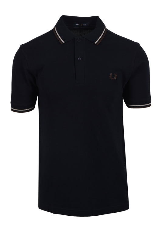 FRED PERRY TWIN TIPPED POLO NAVY/WARM OAT/ BURNT TOBACCO