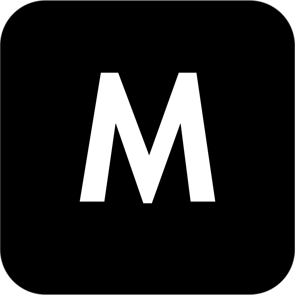 A bold white capital letter M centered inside a rounded black square on a black background.